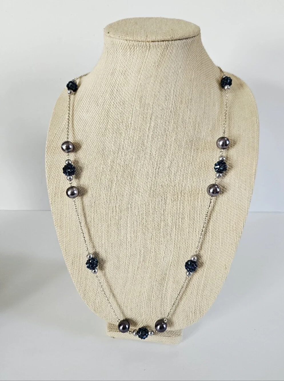 Vintage RMN Roman Blue Faux Pearl Beaded Silver Tone Opera Length Chain Necklace